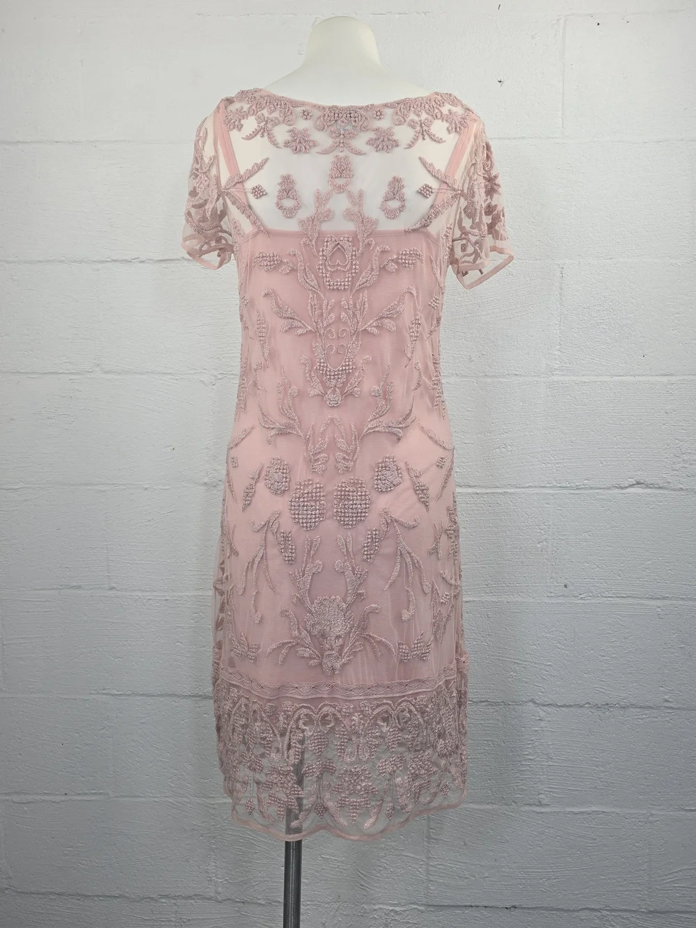 Sundance Pink Embroidered Mesh Overlay Midi Dress